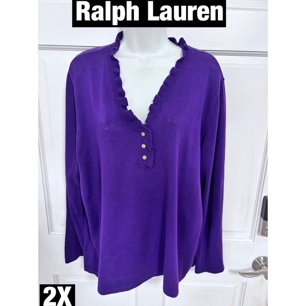 Ralph Lauren Deep Purple Knit Ruffled V Neck Cotton Sweater